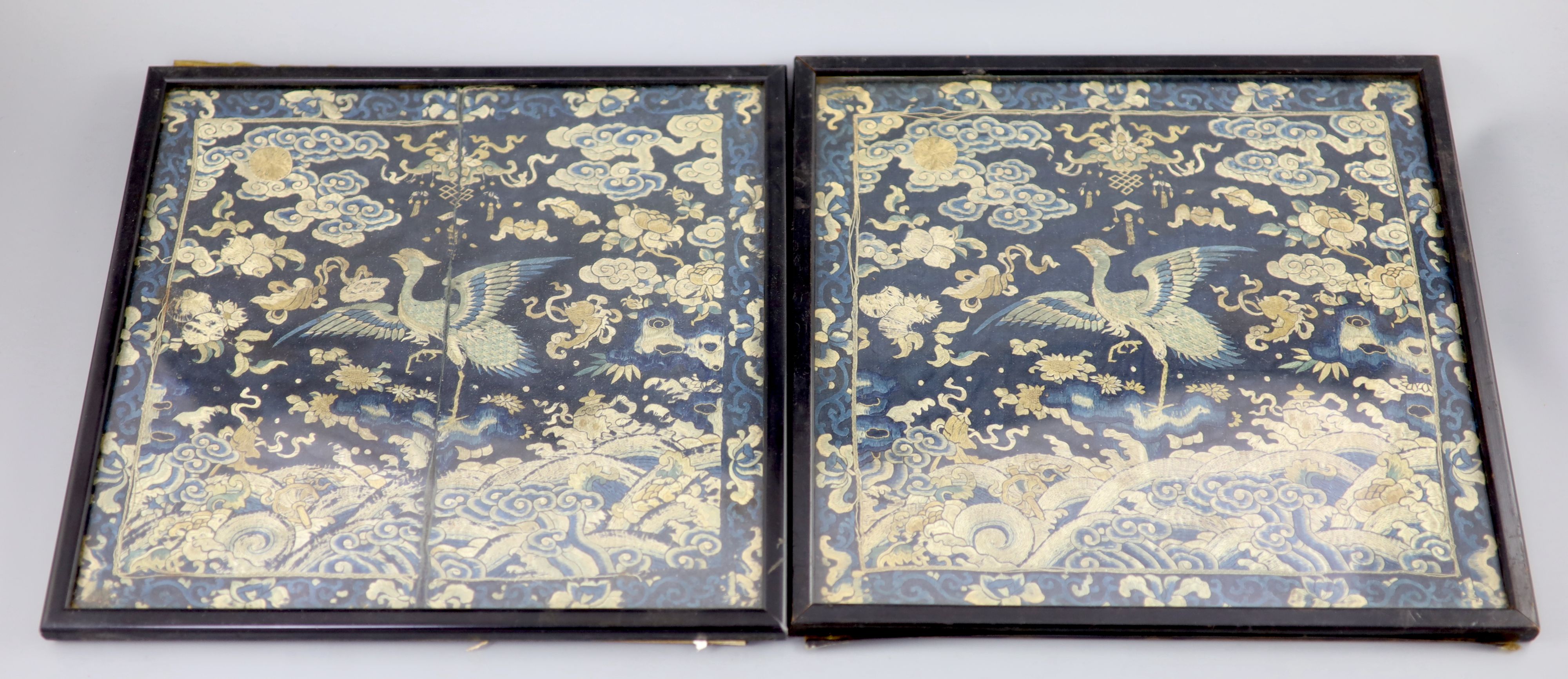 A pair of Chinese embroidered silk civil rank badges, late Qing dynasty, Provenance - A. T. Arber-Cooke